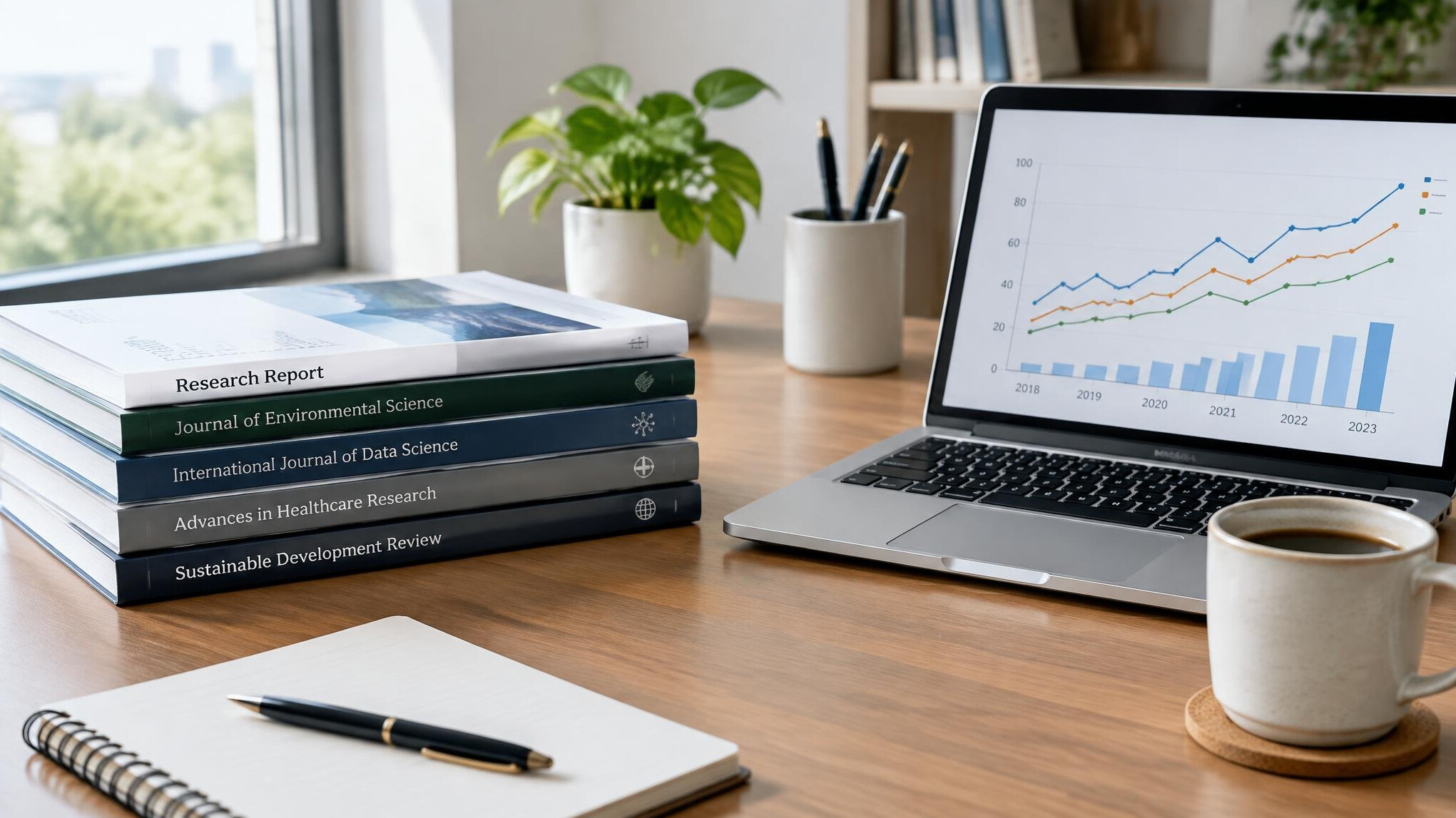 Stack of printed reports beside an open laptop