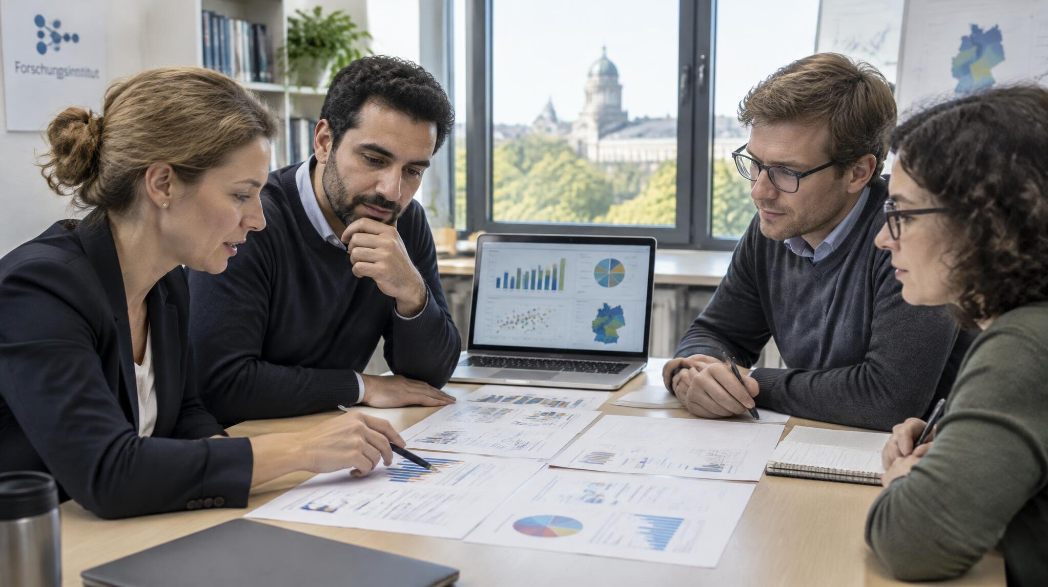 Research team analyzing survey data around a table