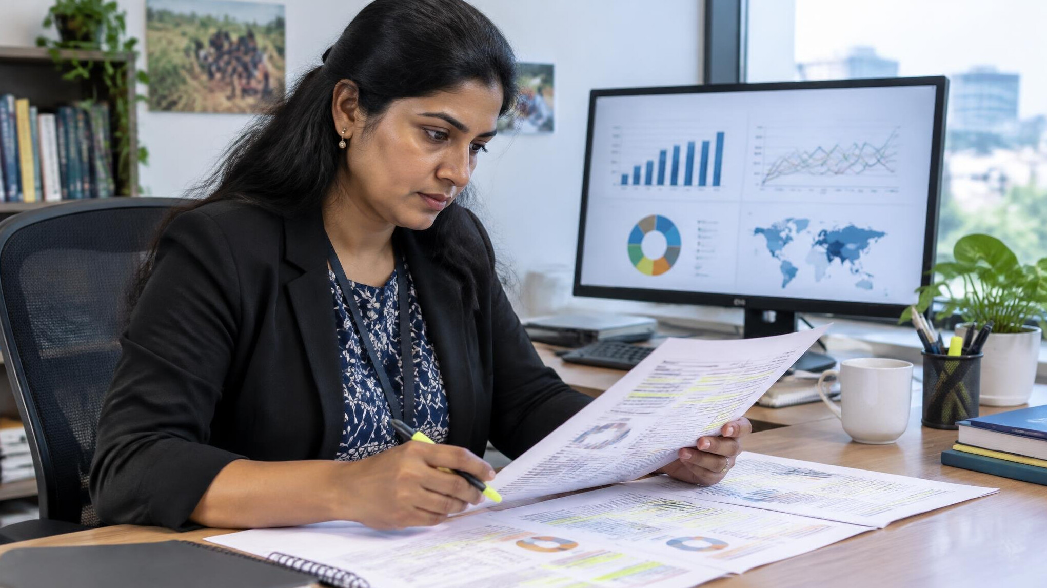 Researcher reviewing printed survey reports at a desk